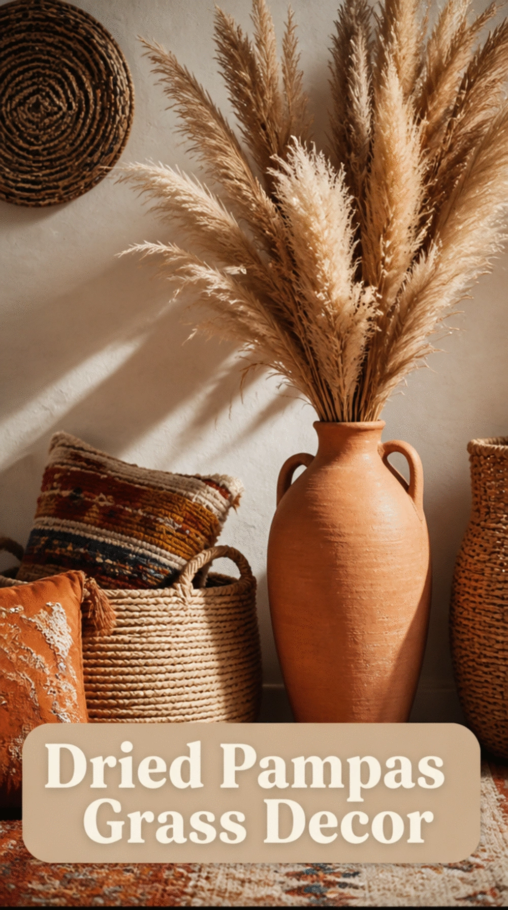 Living Room Dried Pampas Grass in a Tall Terracotta Floor Vase