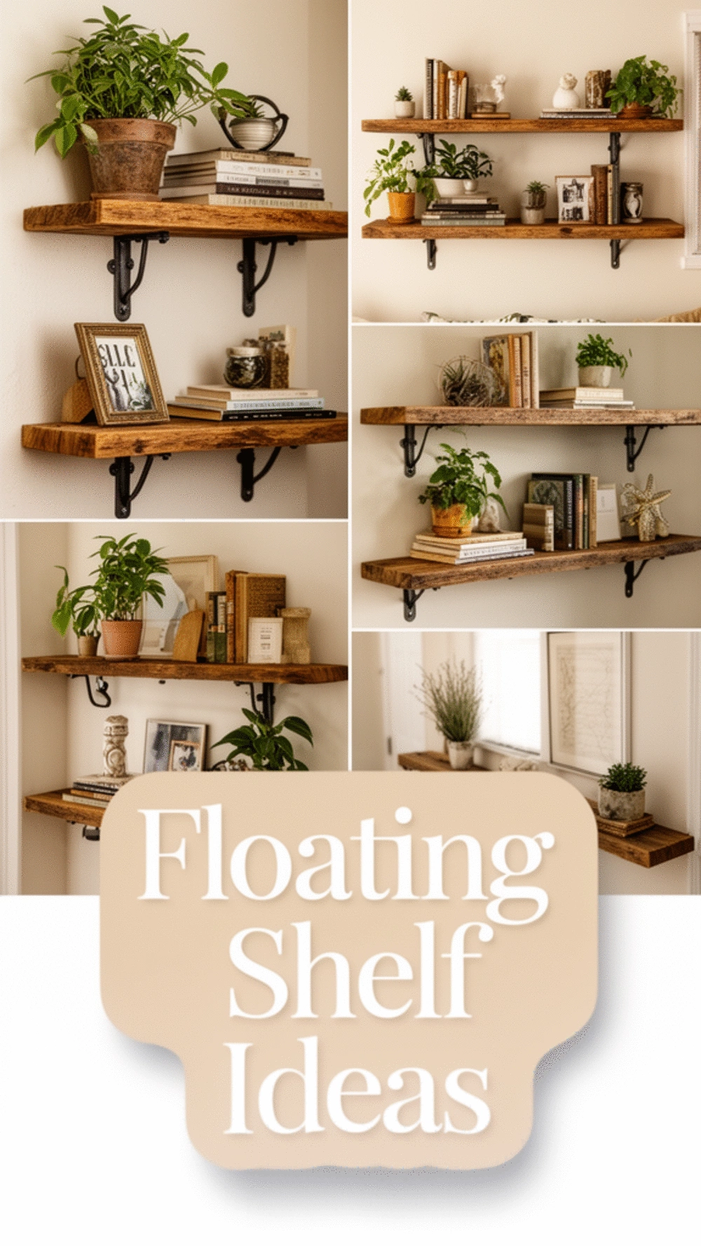 Living Room Reclaimed Wood Floating Shelf with Iron Bracket Supports