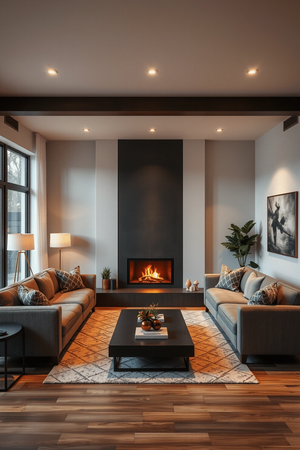 Cozy living room with a U-shaped sofa arrangement around a modern fireplace, warm lighting, and decorative pillows, no text, no words, no typography, no labels, clean image, no humans, no people, no hands, no body parts